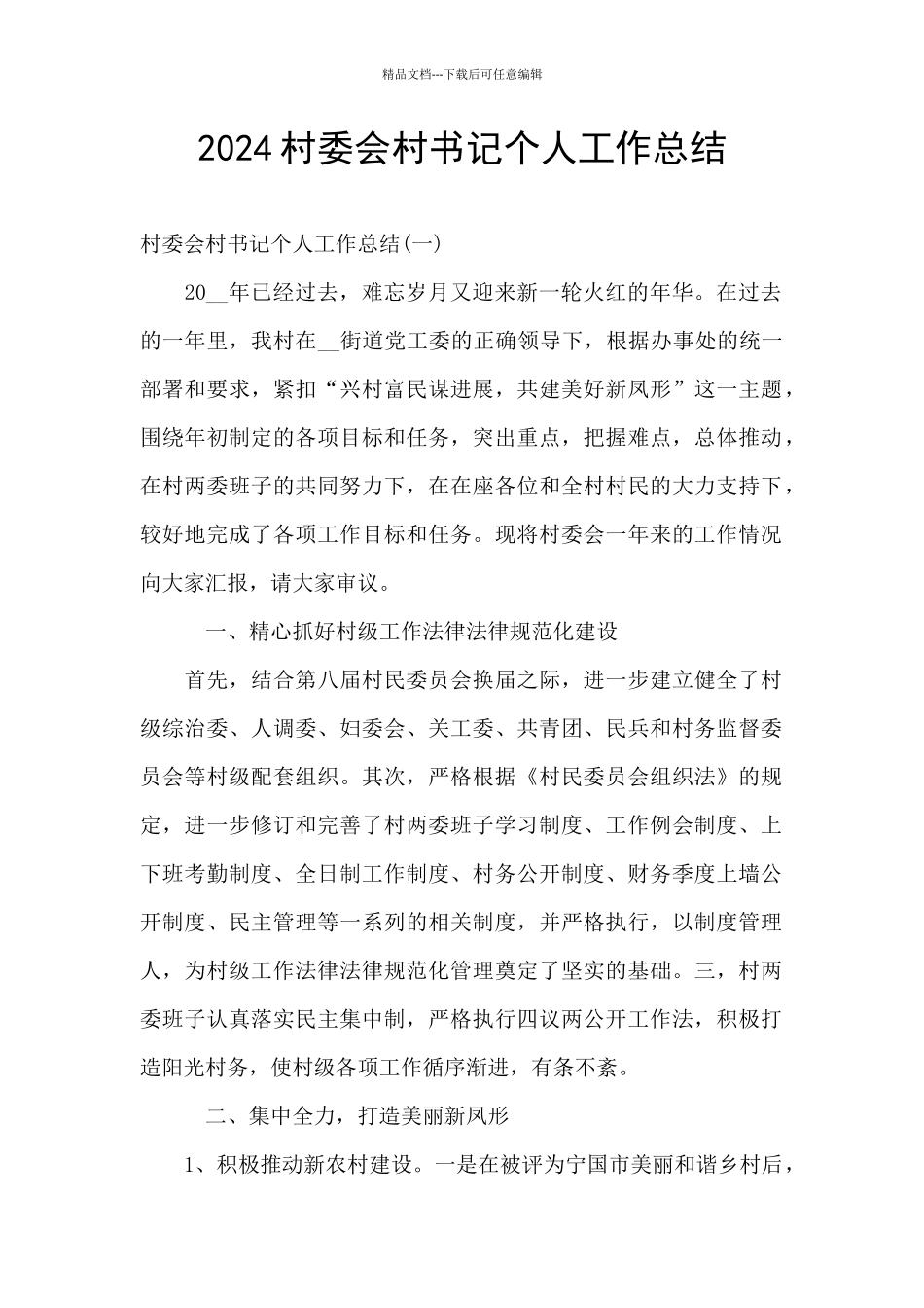 2024村委会村书记个人工作总结_第1页