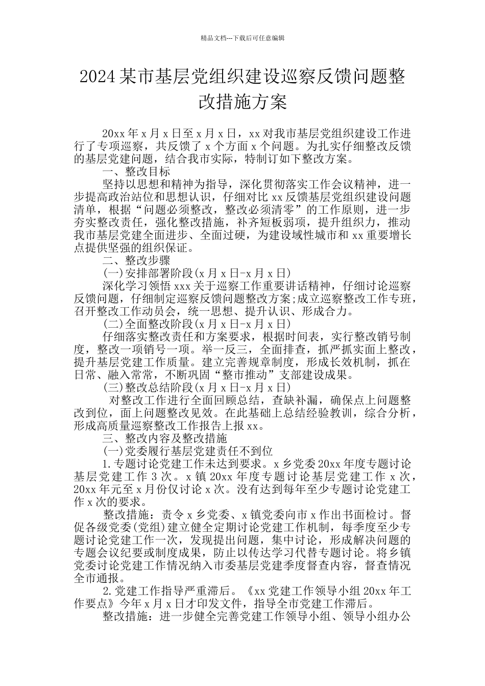 2024某市基层党组织建设巡察反馈问题整改措施方案_第1页