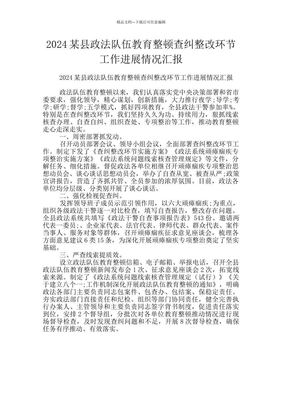 2024某县政法队伍教育整顿查纠整改环节工作进展情况汇报_第1页