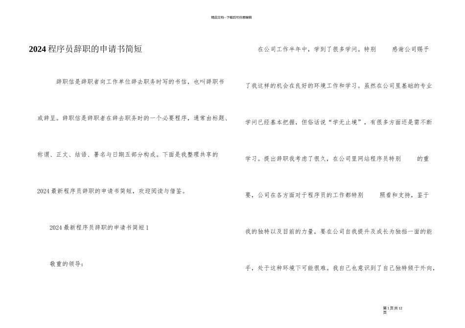 2024程序员辞职的申请书简短_第1页