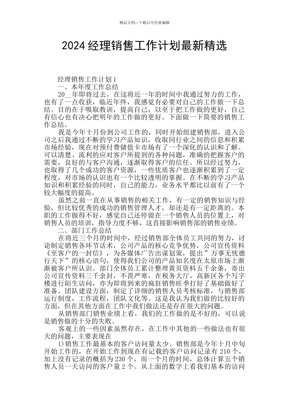 2024经理销售工作计划最新精选_第1页