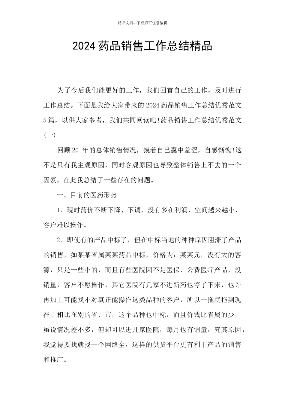 2024药品销售工作总结精品_第1页