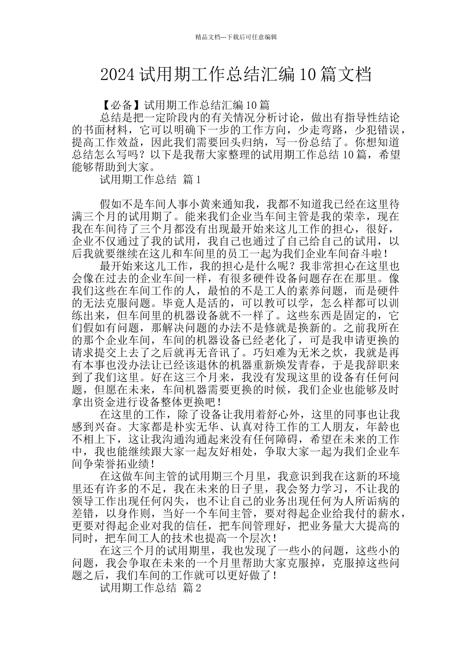 2024试用期工作总结汇编10篇文档_第1页