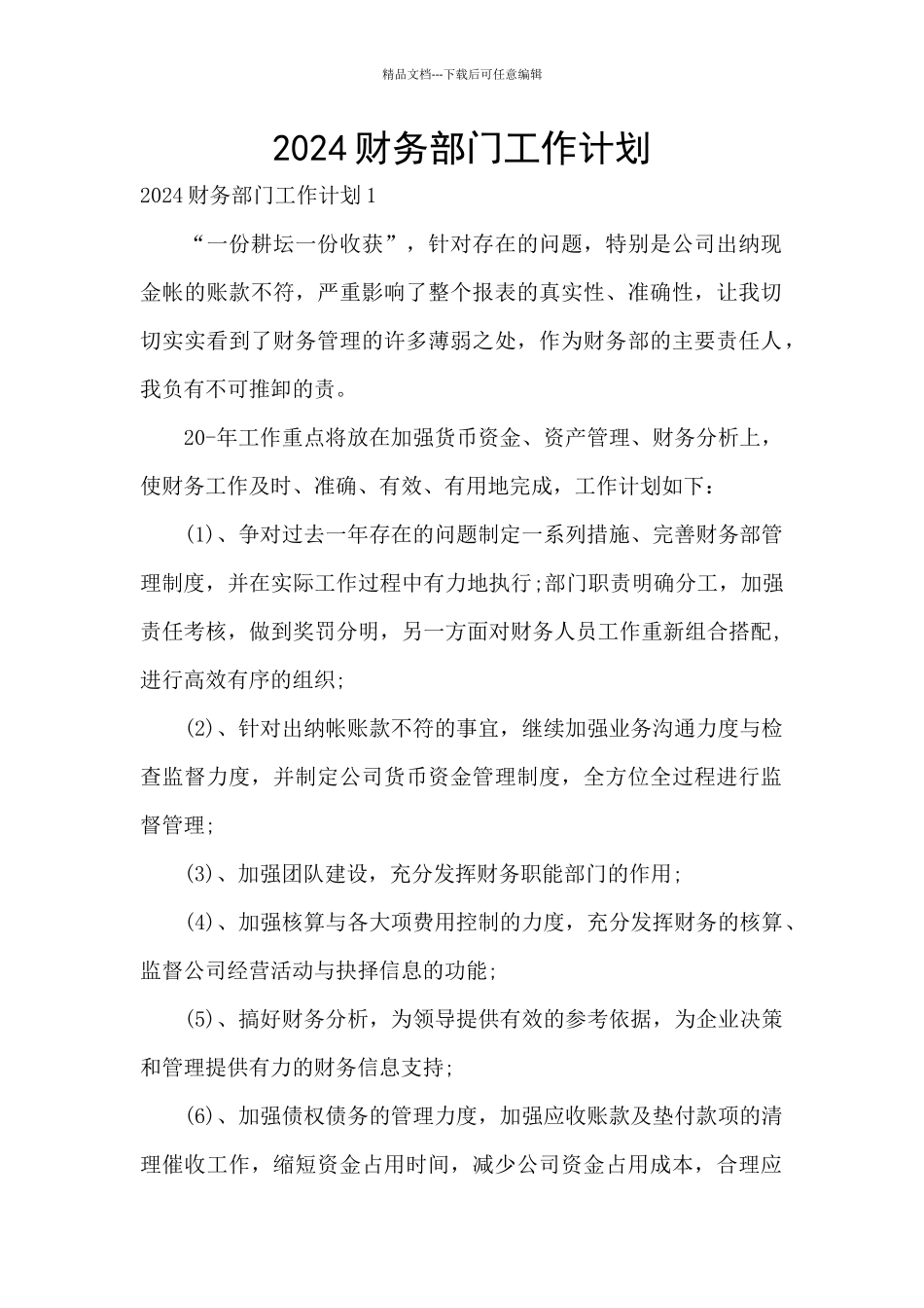 2024财务部门工作计划_第1页