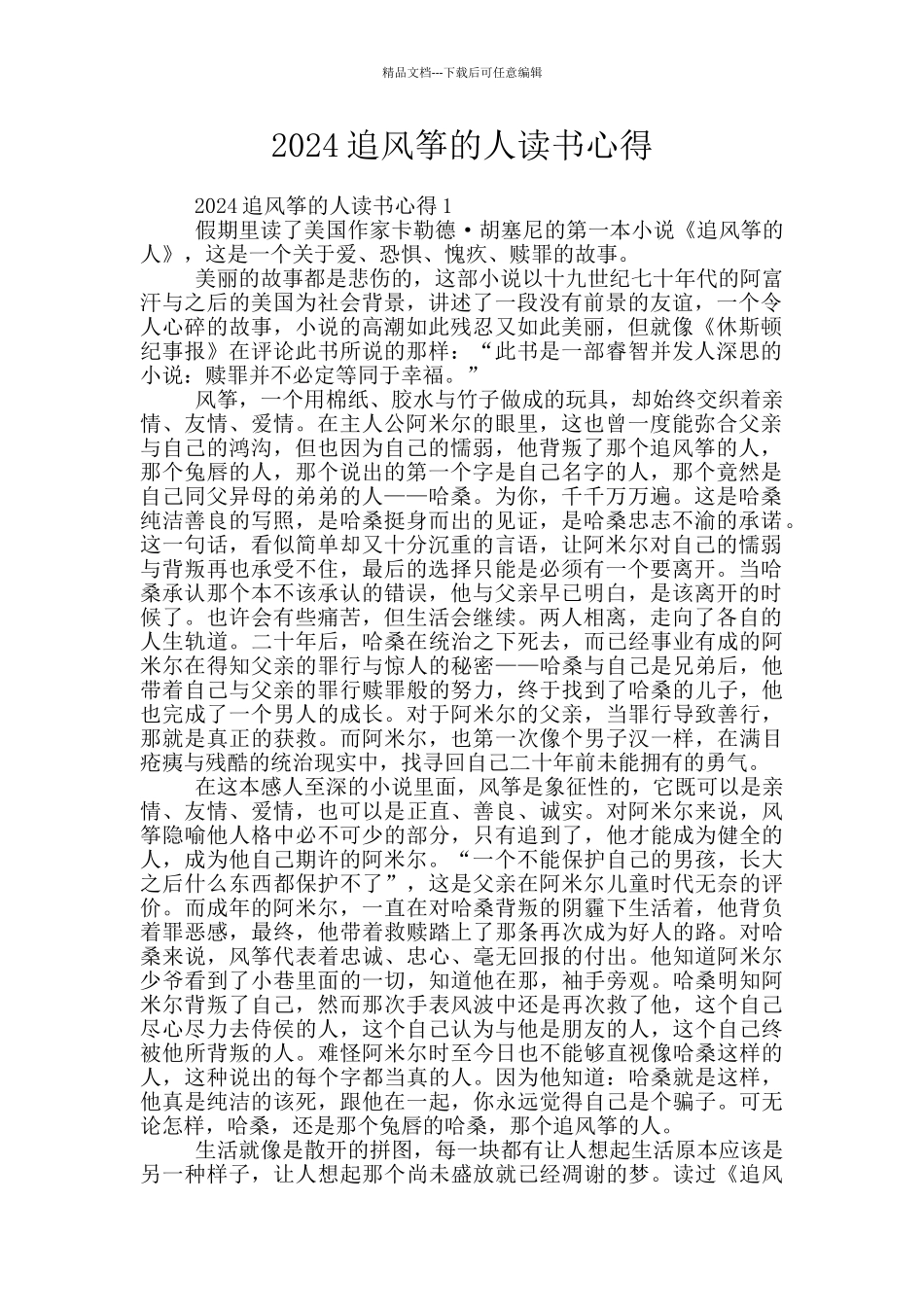 2024追风筝的人读书心得_第1页