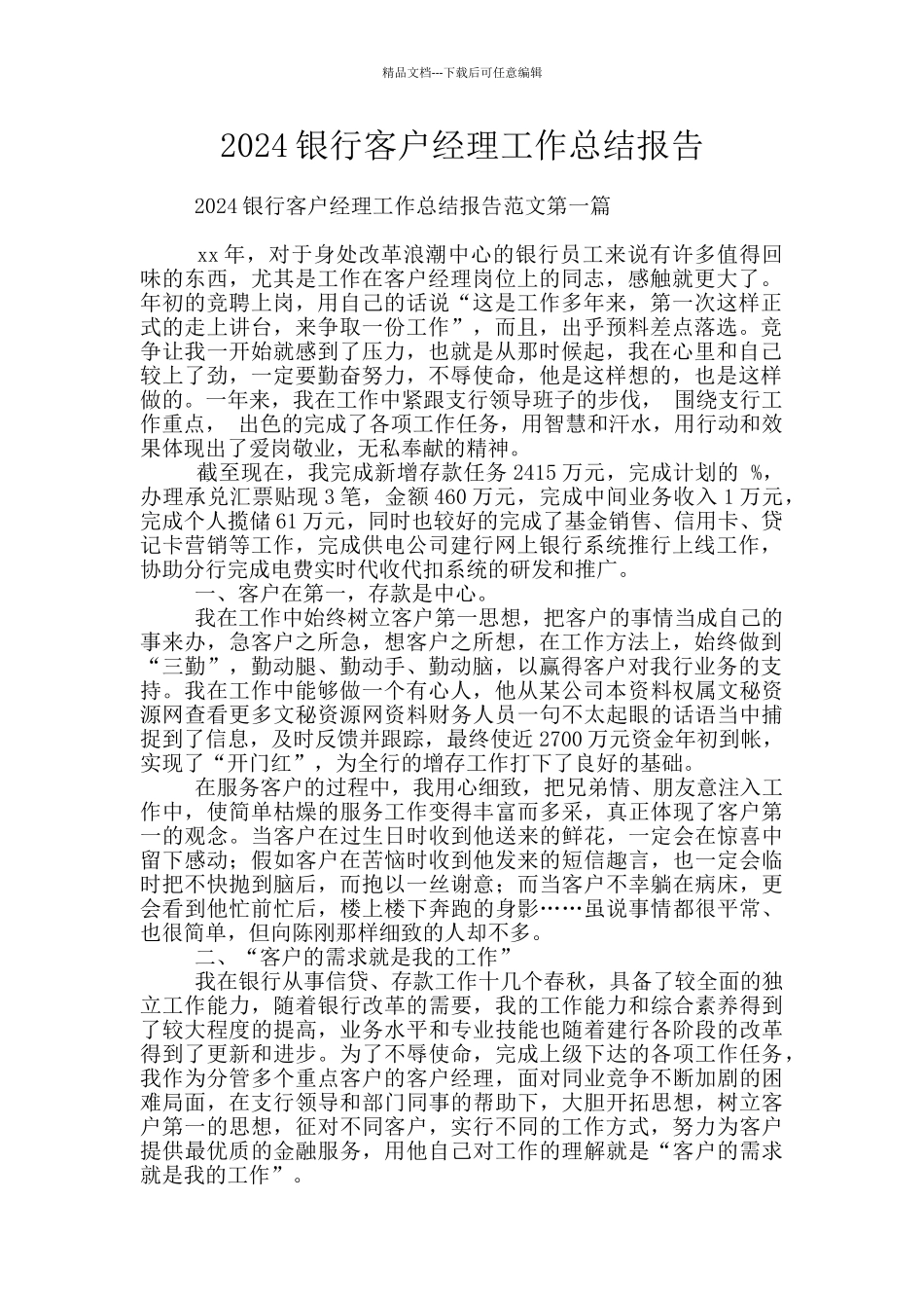 2024银行客户经理工作总结报告_第1页