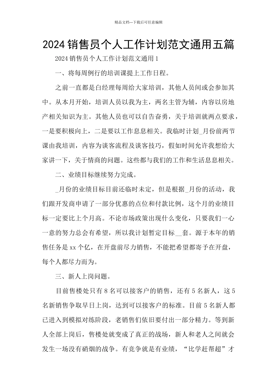 2024销售员个人工作计划范文通用五篇_第1页