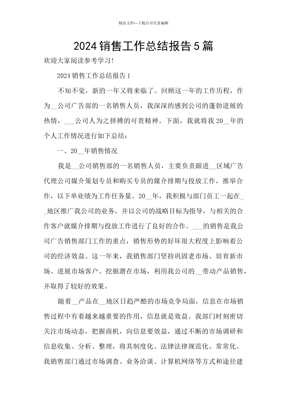 2024销售工作总结报告5篇_第1页