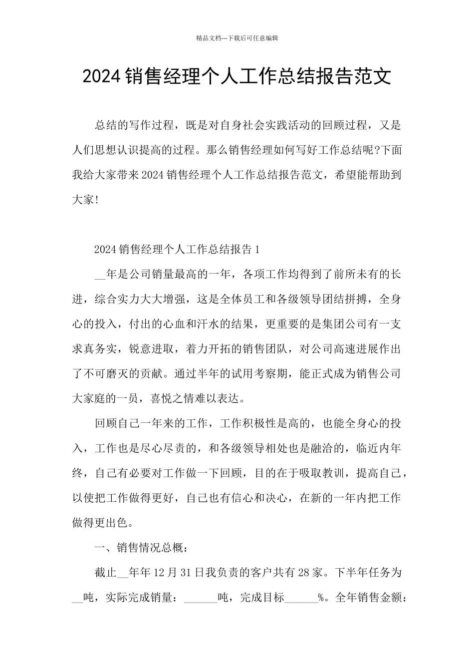 2024销售经理个人工作总结报告范文_第1页