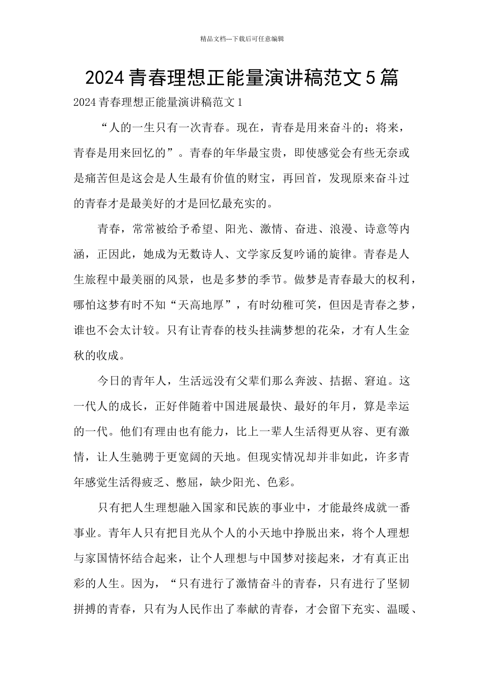 2024青春理想正能量演讲稿范文5篇_第1页