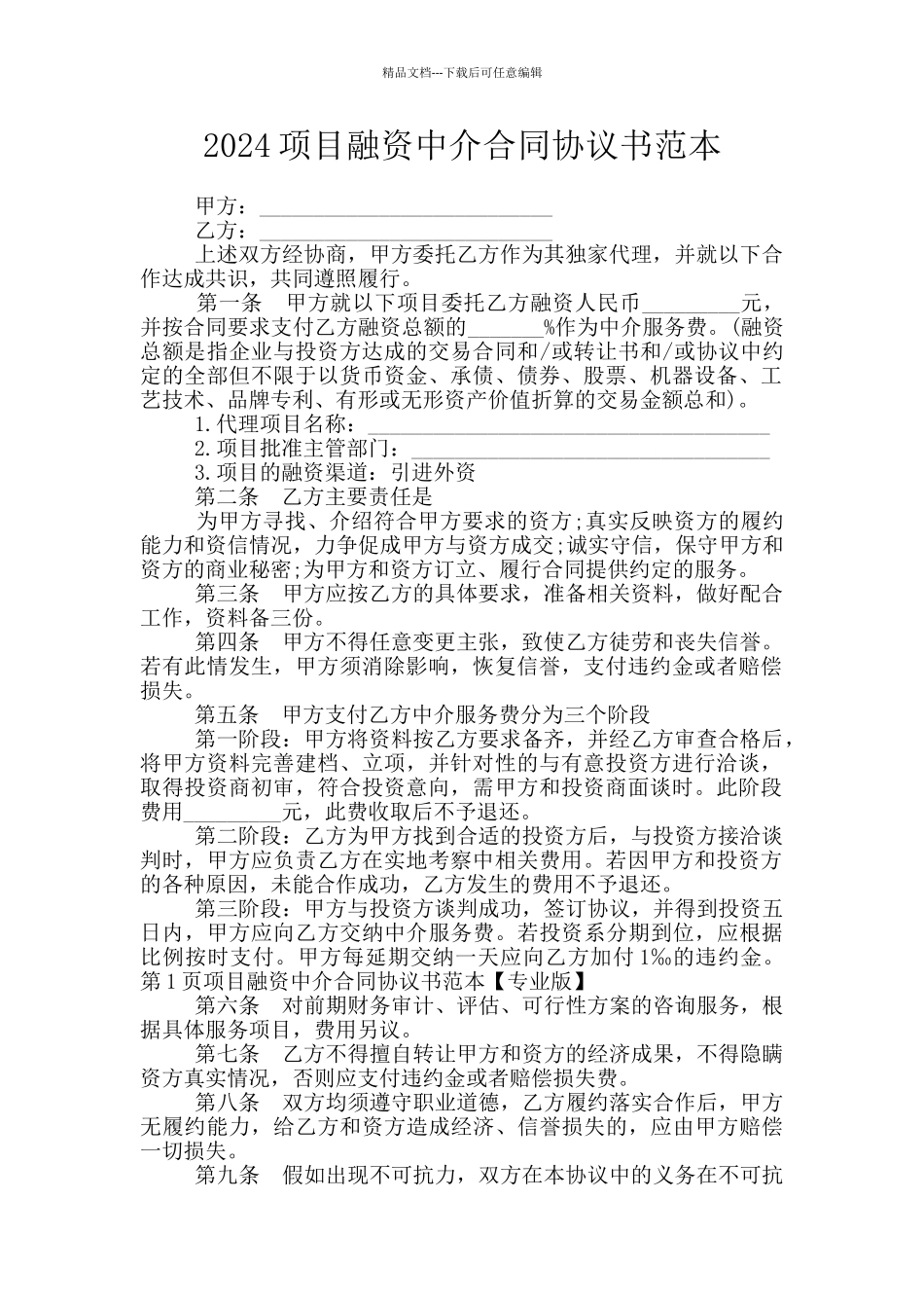 2024项目融资中介合同协议书范本_第1页
