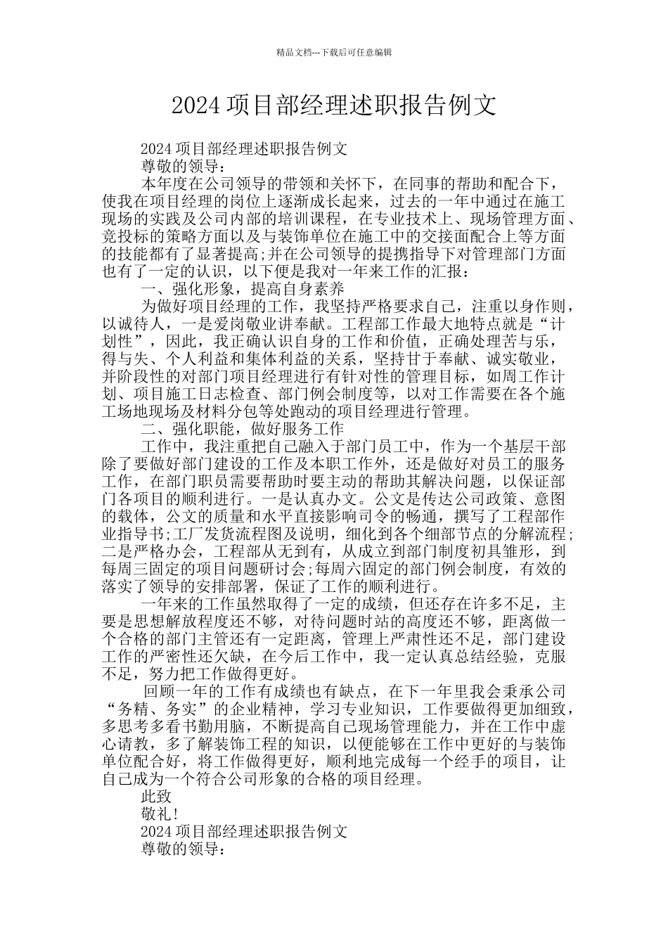 2024项目部经理述职报告例文_第1页