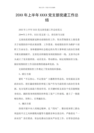20XX年上半年XXXX党支部党建工作总结