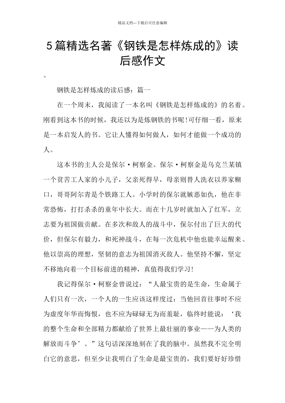 5篇精选名著《钢铁是怎样炼成的》读后感作文_第1页