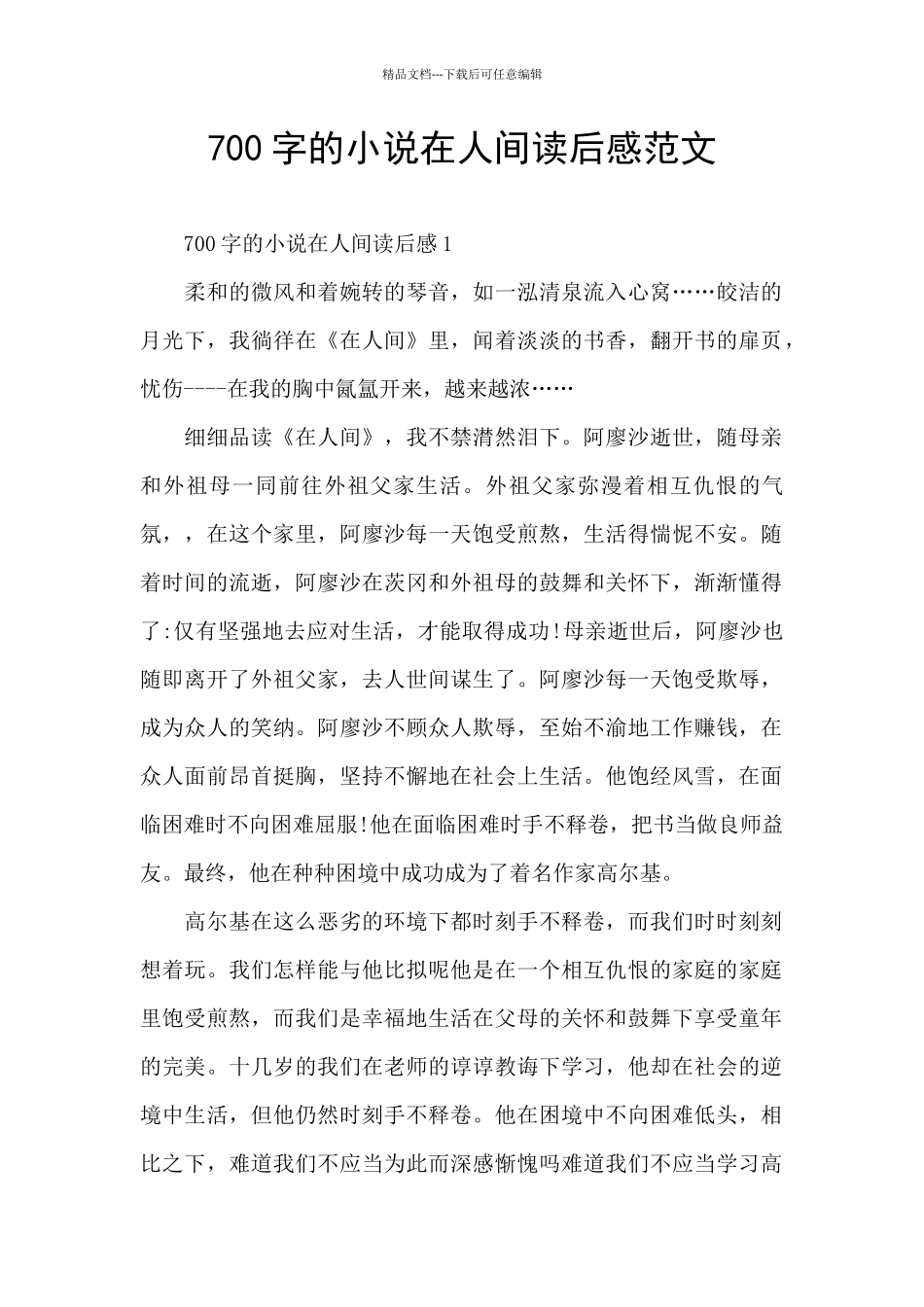 700字的小说在人间读后感范文_第1页