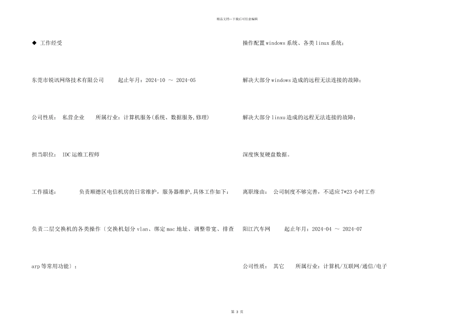 IDC运维工程专业简历_第2页