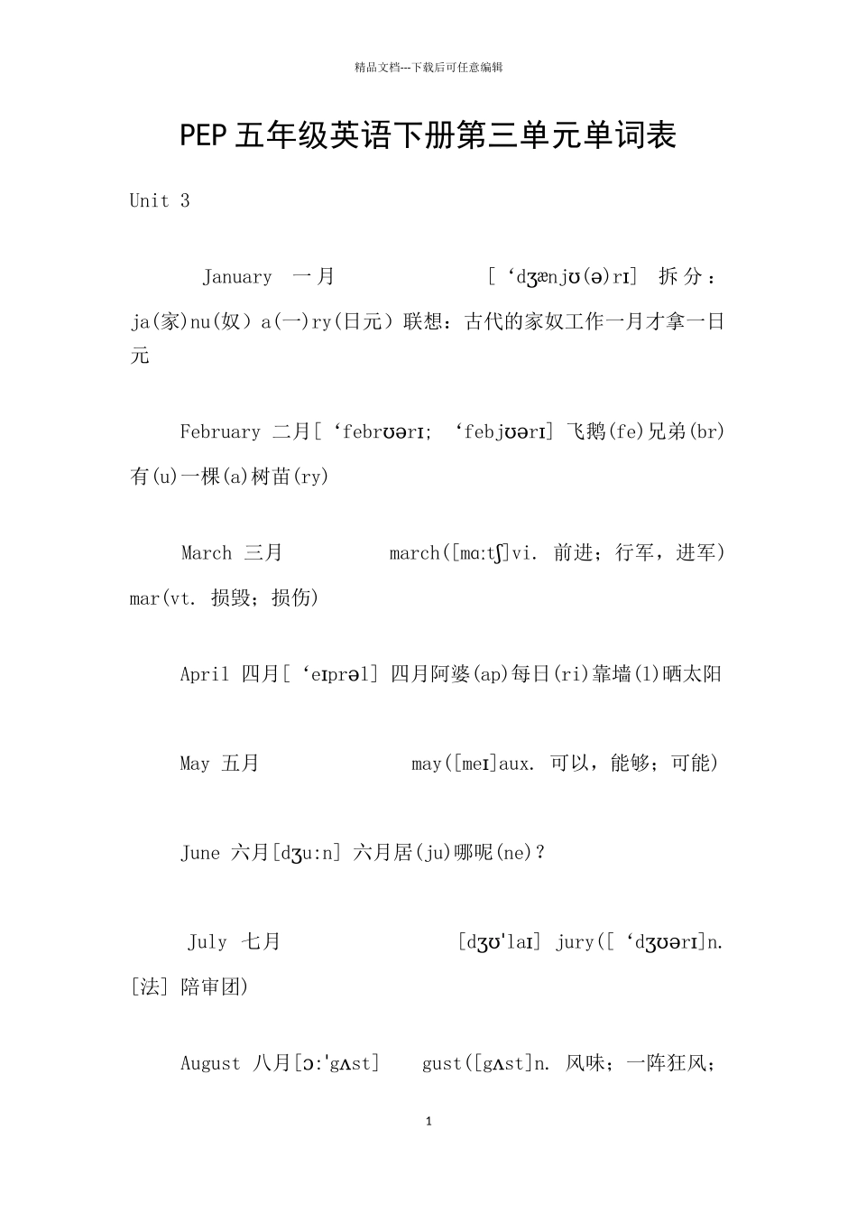 PEP五年级英语下册第三单元单词表_第1页