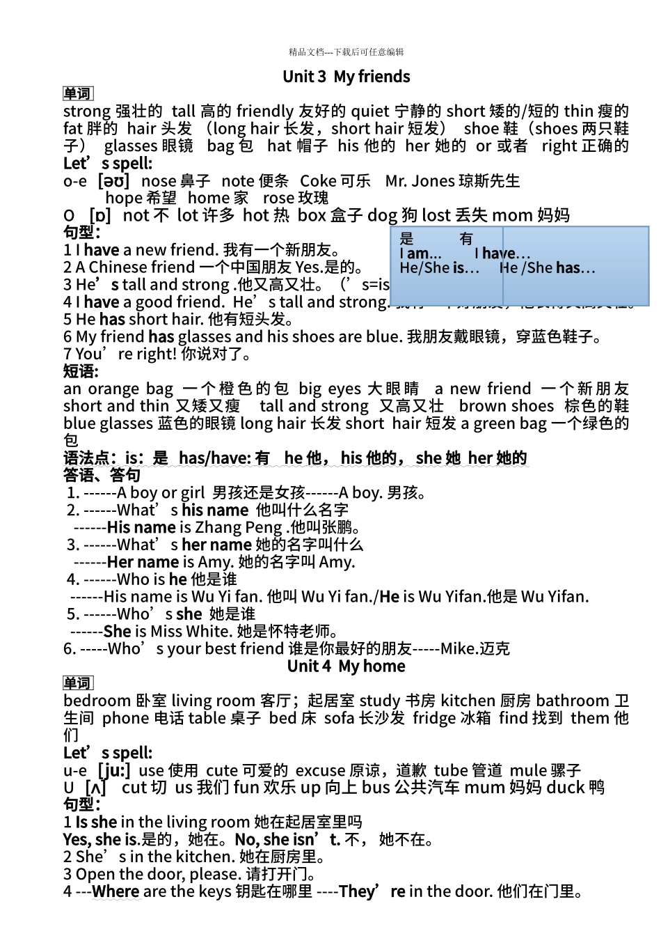 pep小学四年级英语上册各单元知识点归纳_第3页