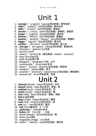 pep小学英语六年级下册单元词汇表