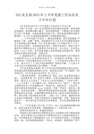 XXX党支部2024年上半年党建工作总结及下半年计划