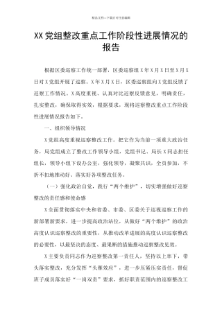XX党组整改重点工作阶段性进展情况的报告