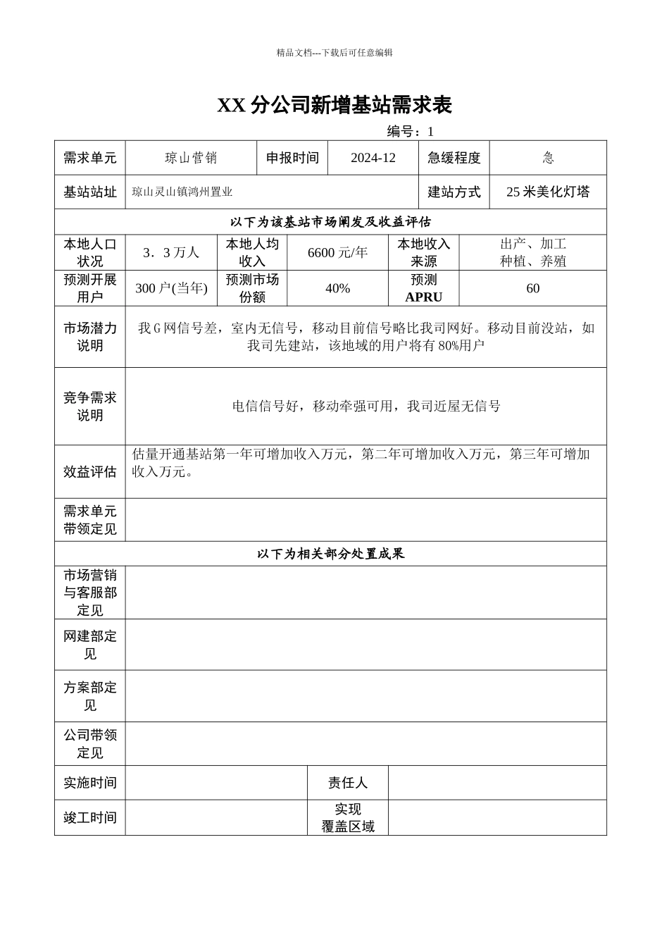 XX分公司新增基站需求表_第1页