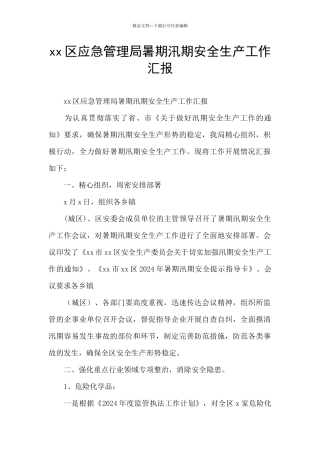 xx区应急管理局暑期汛期安全生产工作汇报