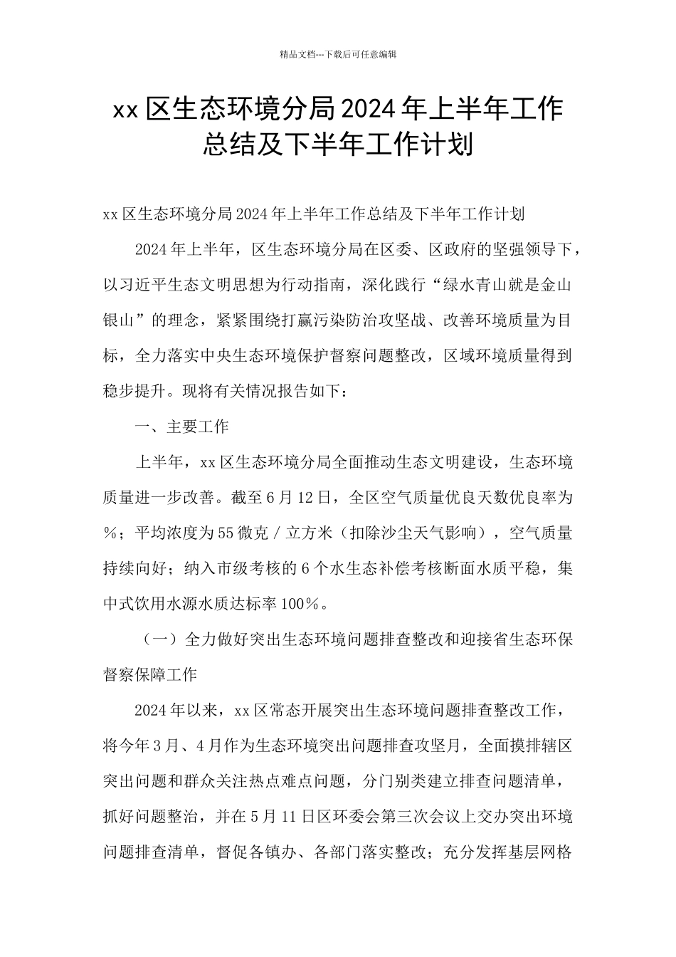xx区生态环境分局2024年上半年工作总结及下半年工作计划_第1页
