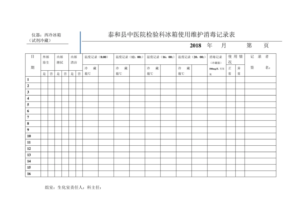 中医院检验科冰箱使用维护消毒记录表_第1页