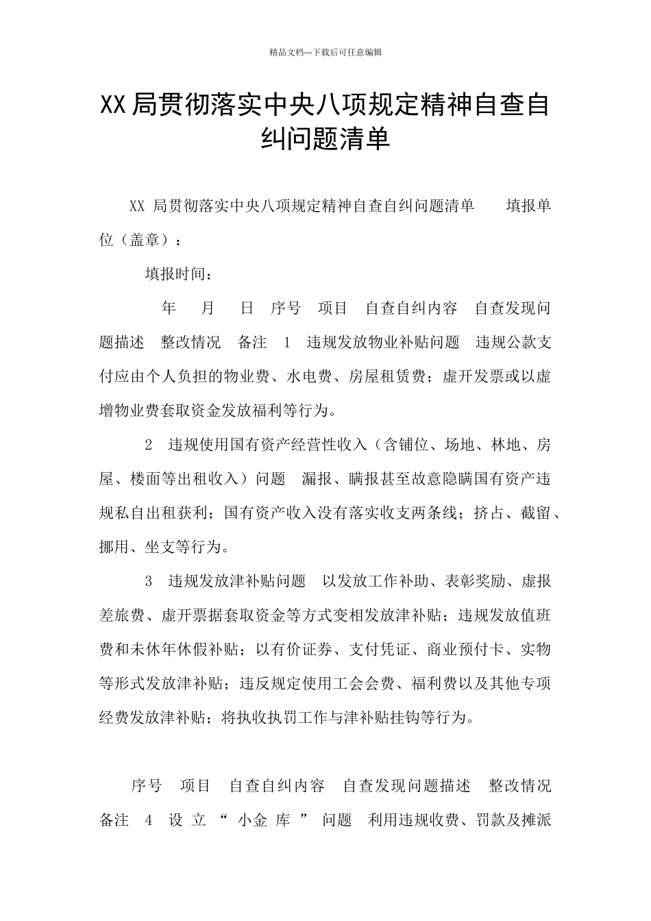 XX局贯彻落实中央八项规定精神自查自纠问题清单_第1页