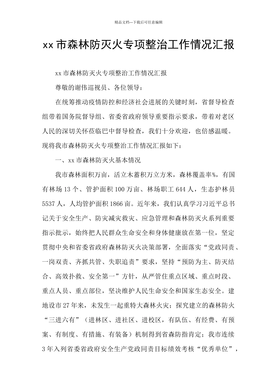 xx市森林防灭火专项整治工作情况汇报_第1页