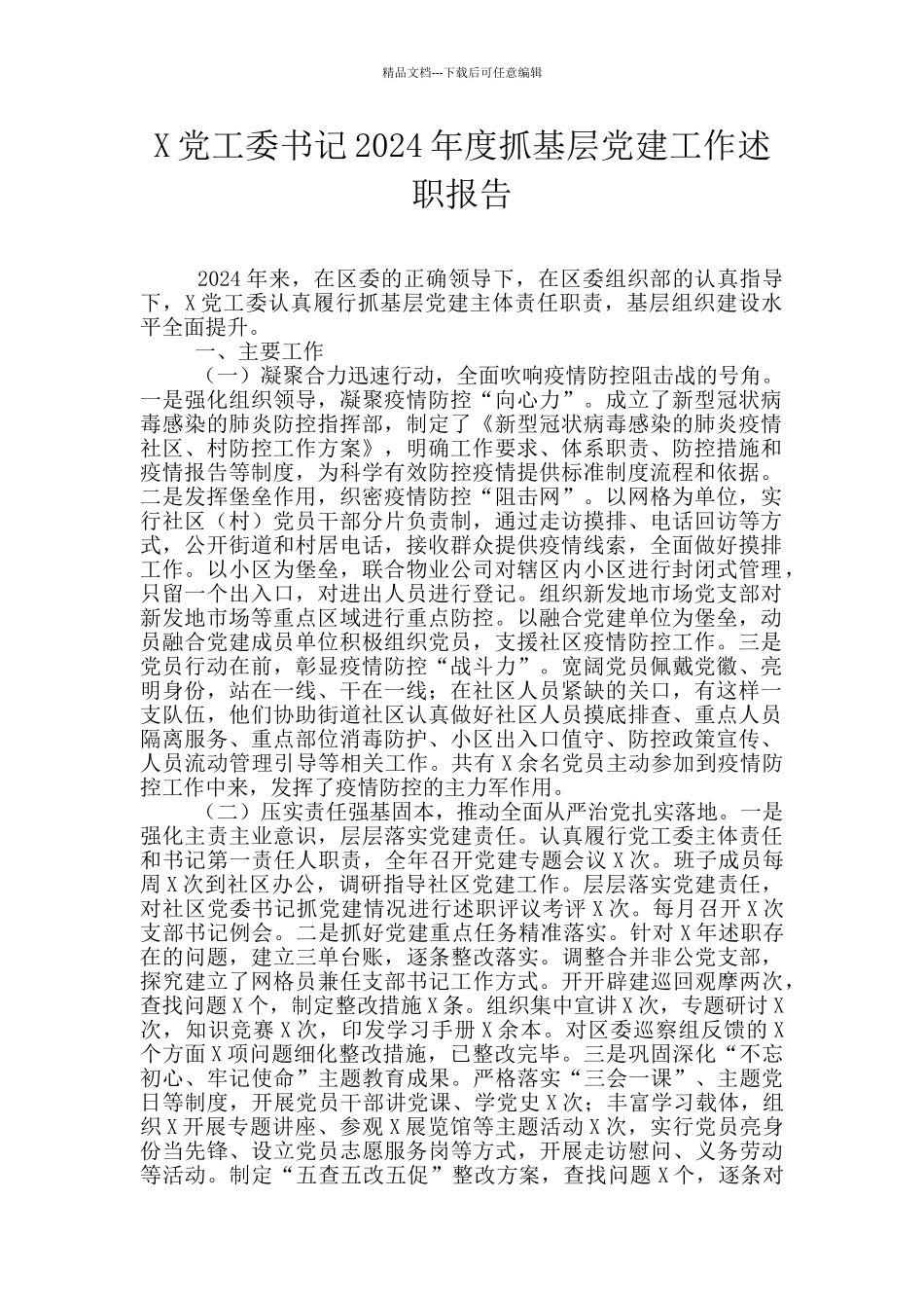 X党工委书记2024年度抓基层党建工作述职报告_第1页