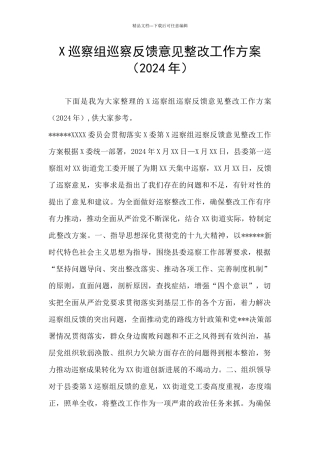 X巡察组巡察反馈意见整改工作方案