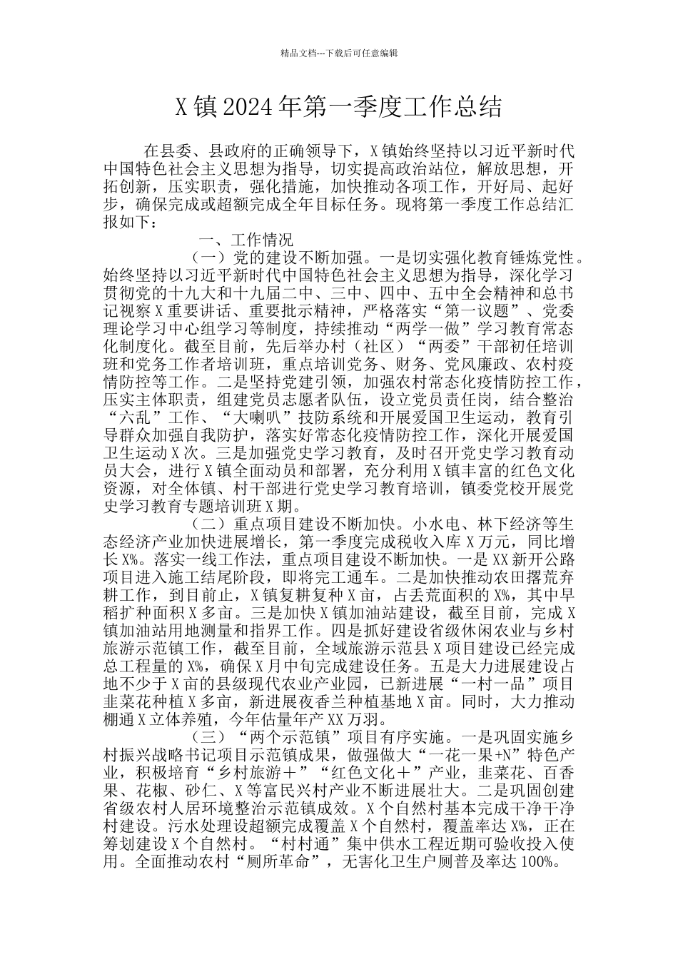 X镇2024年第一季度工作总结_第1页