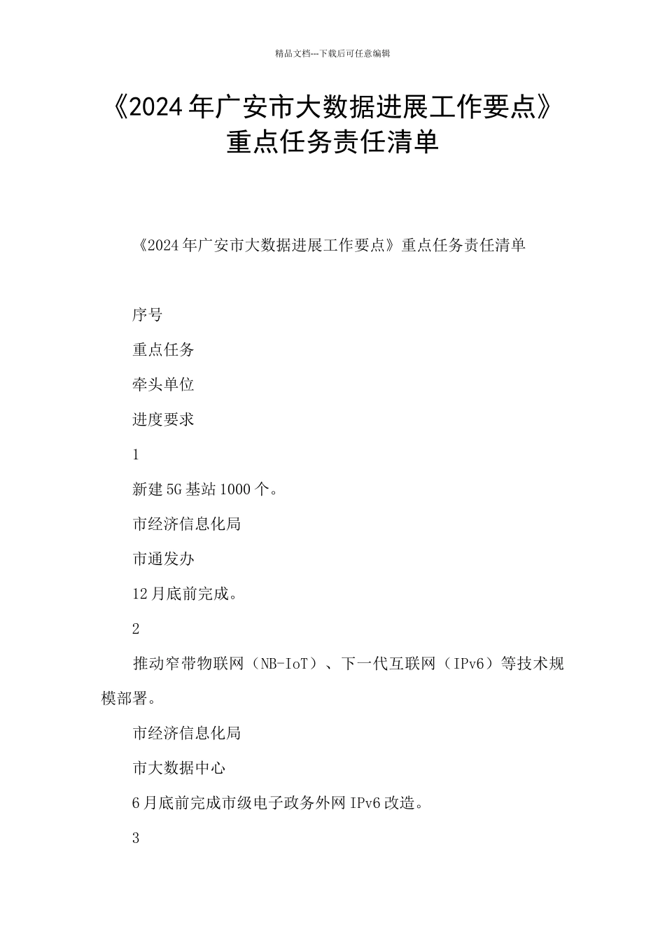 《2024年广安市大数据发展工作要点》重点任务责任清单_第1页