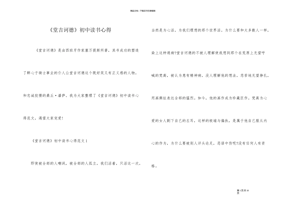 《堂吉诃德》初中读书心得_第1页