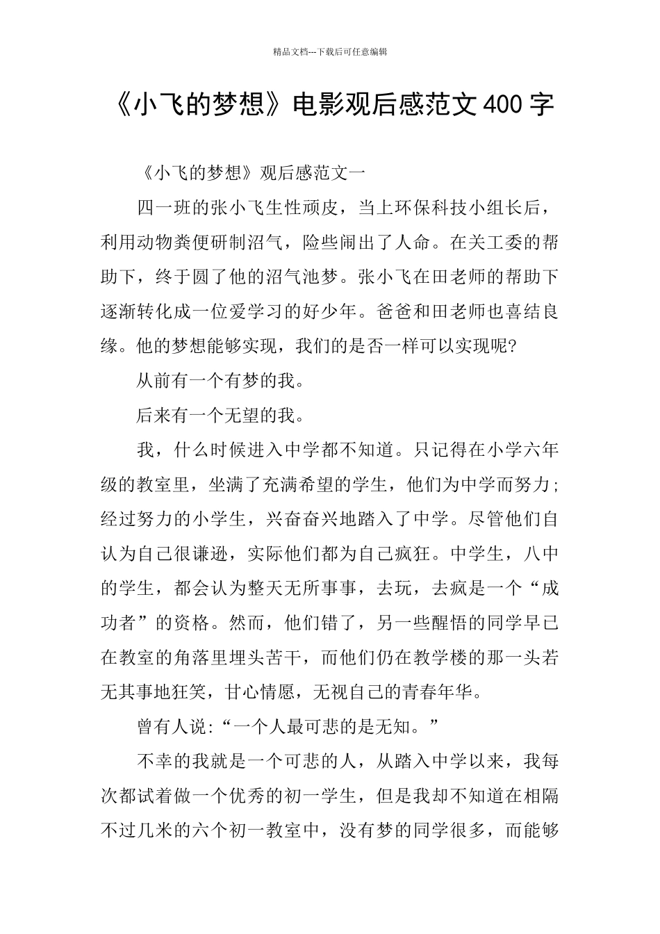 《小飞的梦想》电影观后感范文400字_第1页