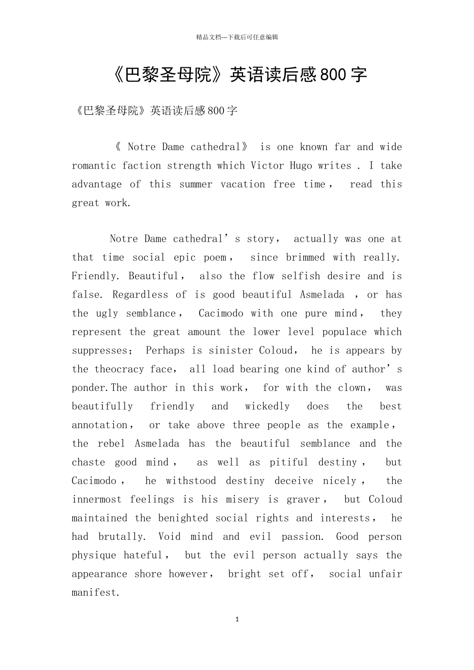 《巴黎圣母院》英语读后感800字_第1页