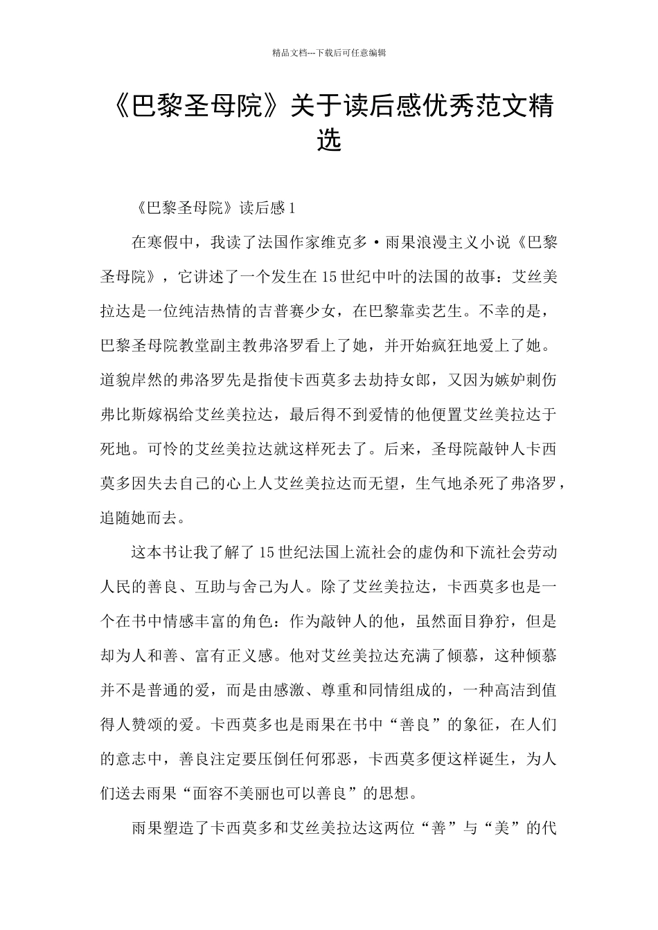 《巴黎圣母院》关于读后感优秀范文精选_第1页