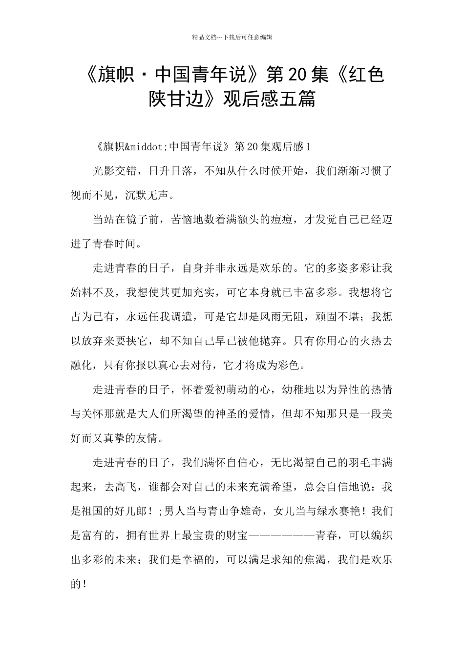 《旗帜·中国青年说》第20集《红色陕甘边》观后感五篇_第1页