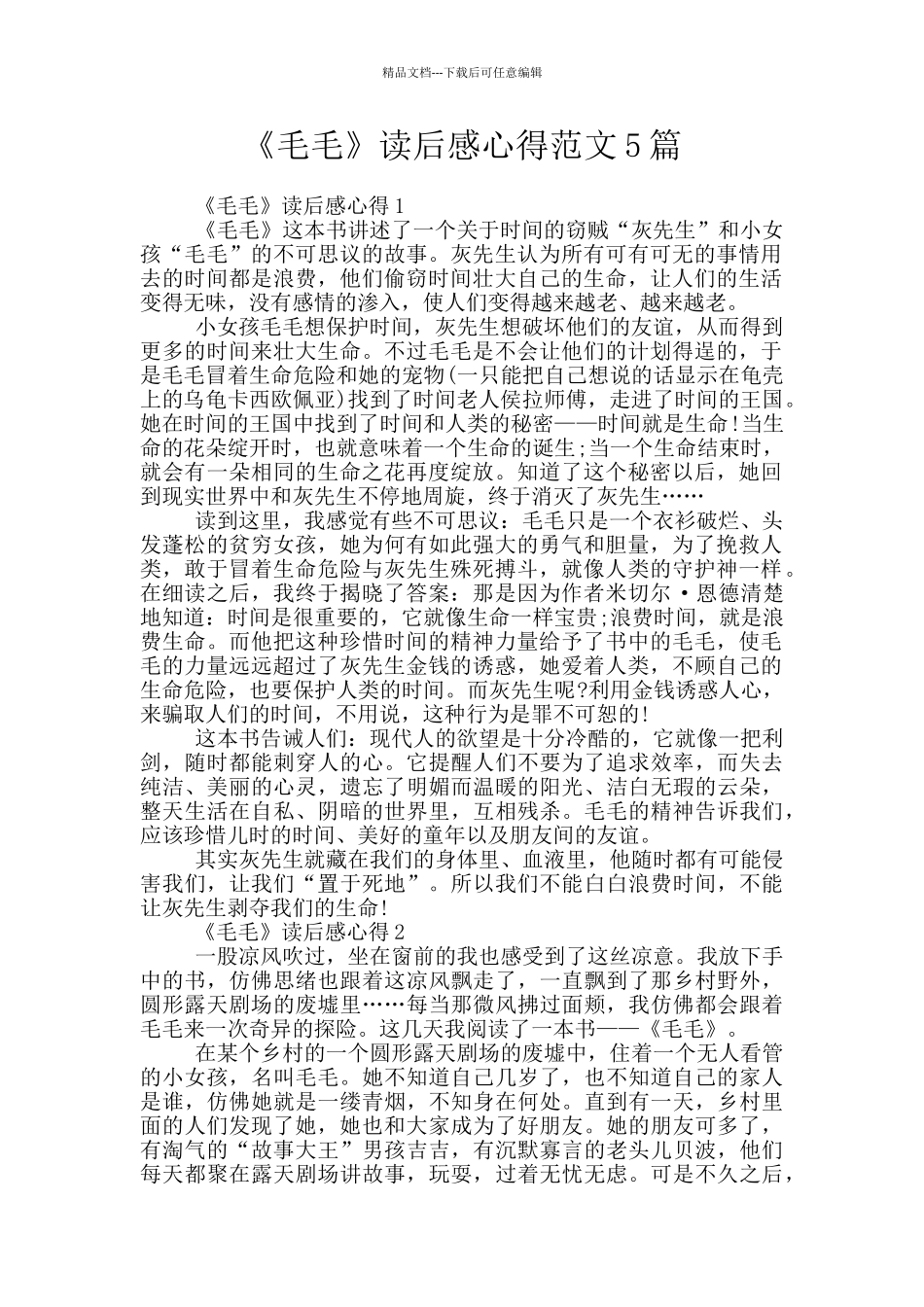 《毛毛》读后感心得范文5篇_第1页