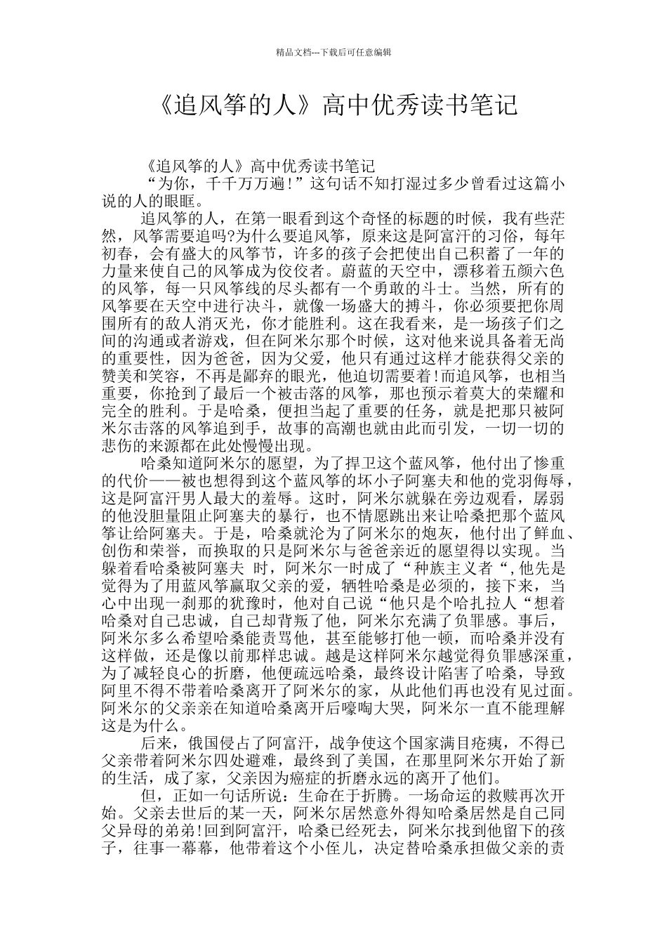 《追风筝的人》高中优秀读书笔记_第1页