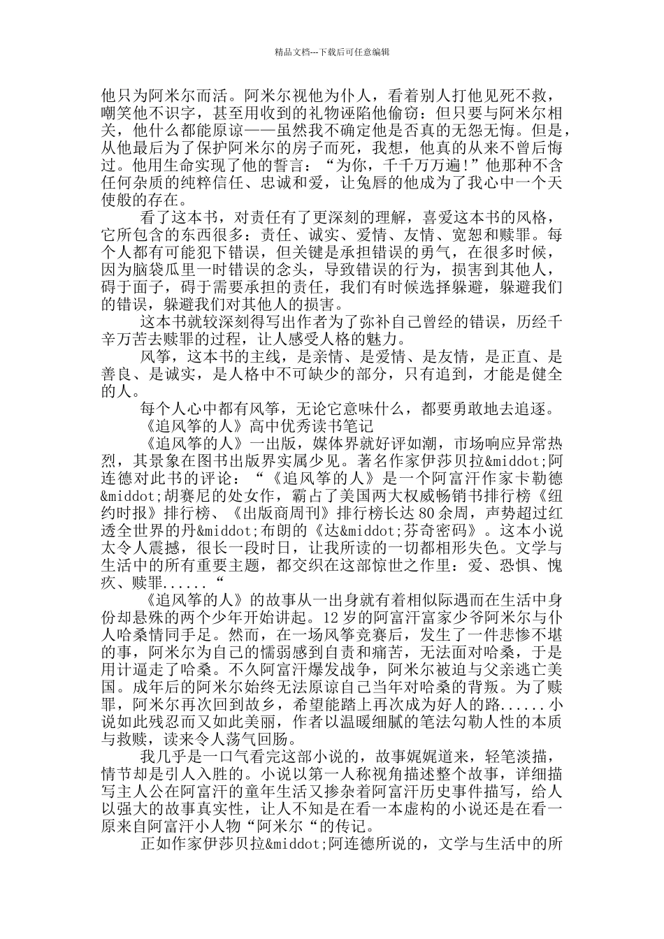 《追风筝的人》高中优秀读书笔记_第3页
