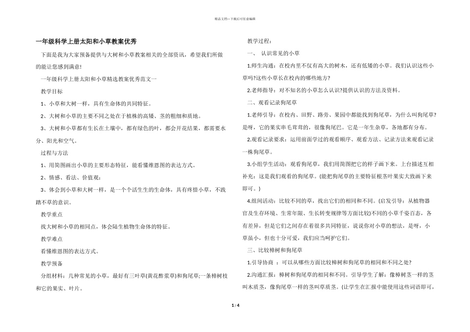 一年级科学上册太阳和小草教案优秀_第1页