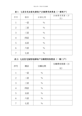 七层住宅加装电梯每户分摊费用参照表一梯两户