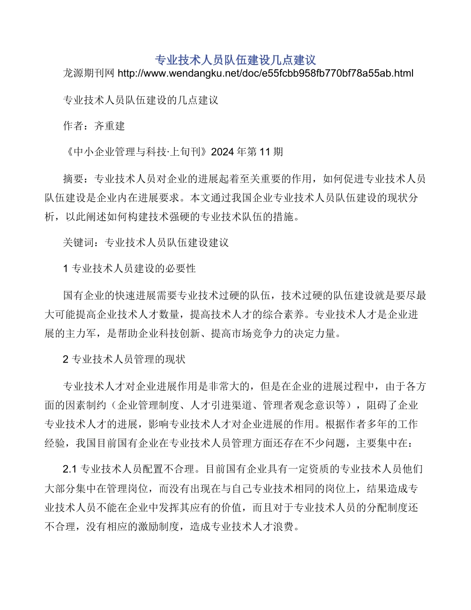 专业技术人员队伍建设几点建议_第1页