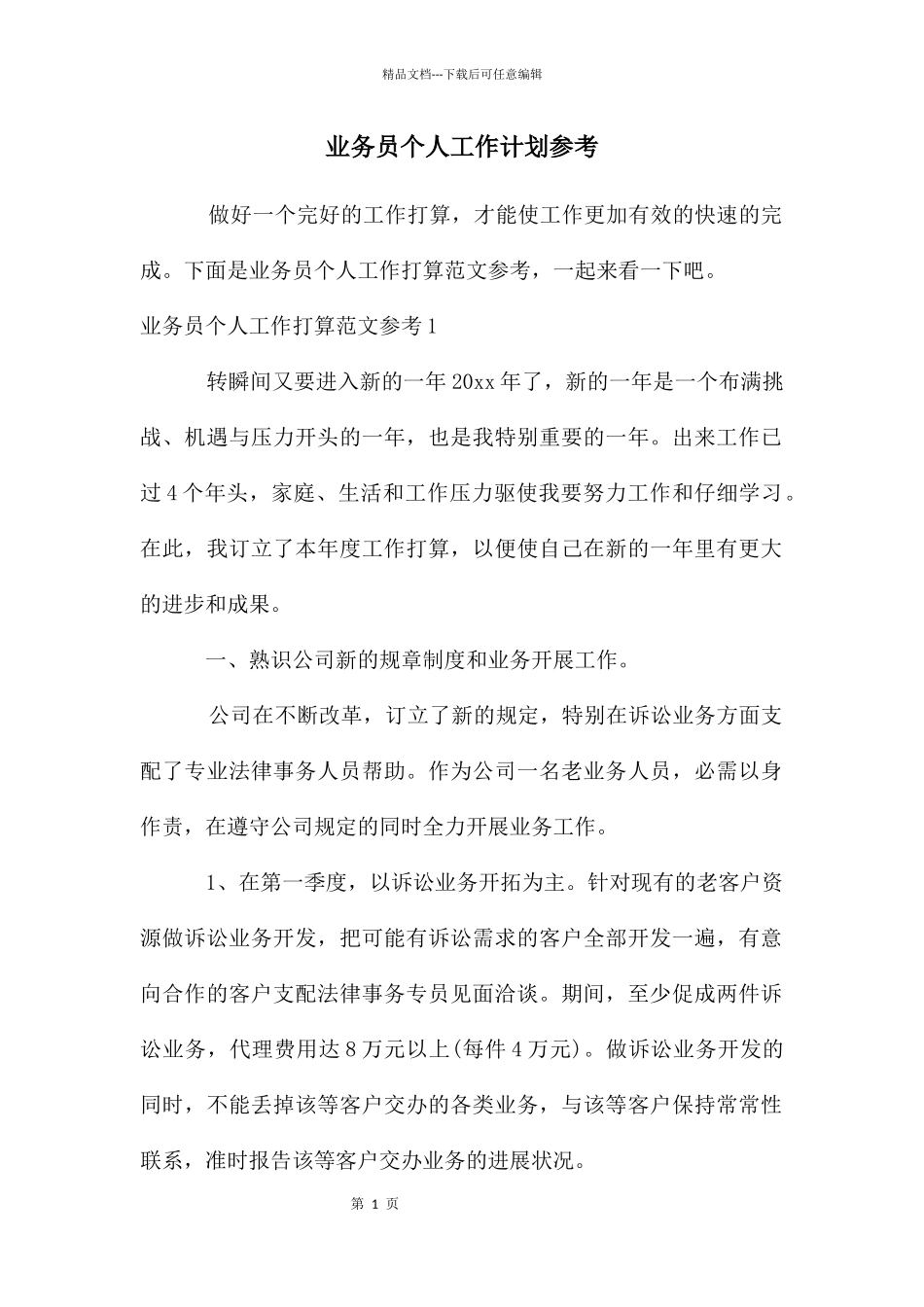 业务员个人工作计划参考_第1页