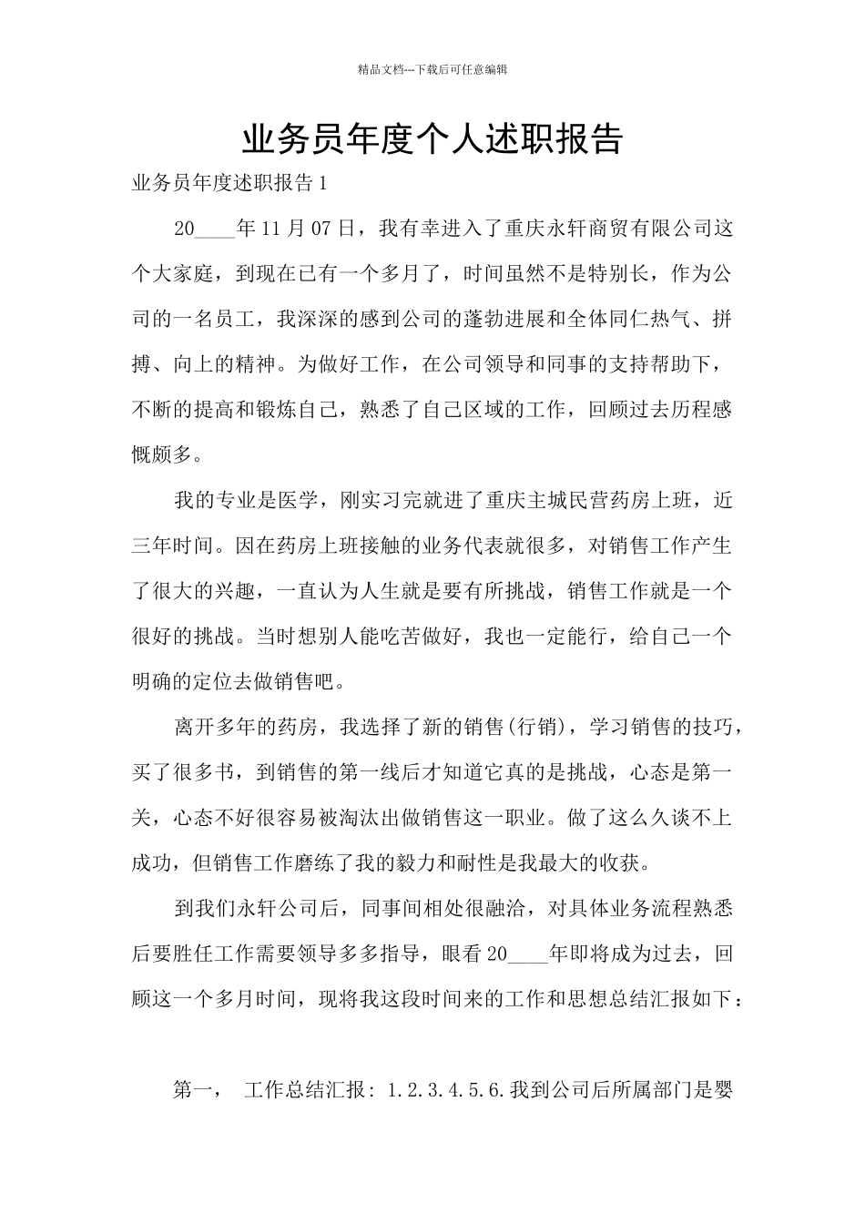 业务员年度个人述职报告_第1页