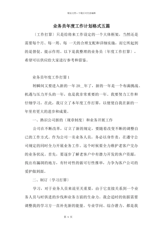 业务员年度工作计划格式五篇