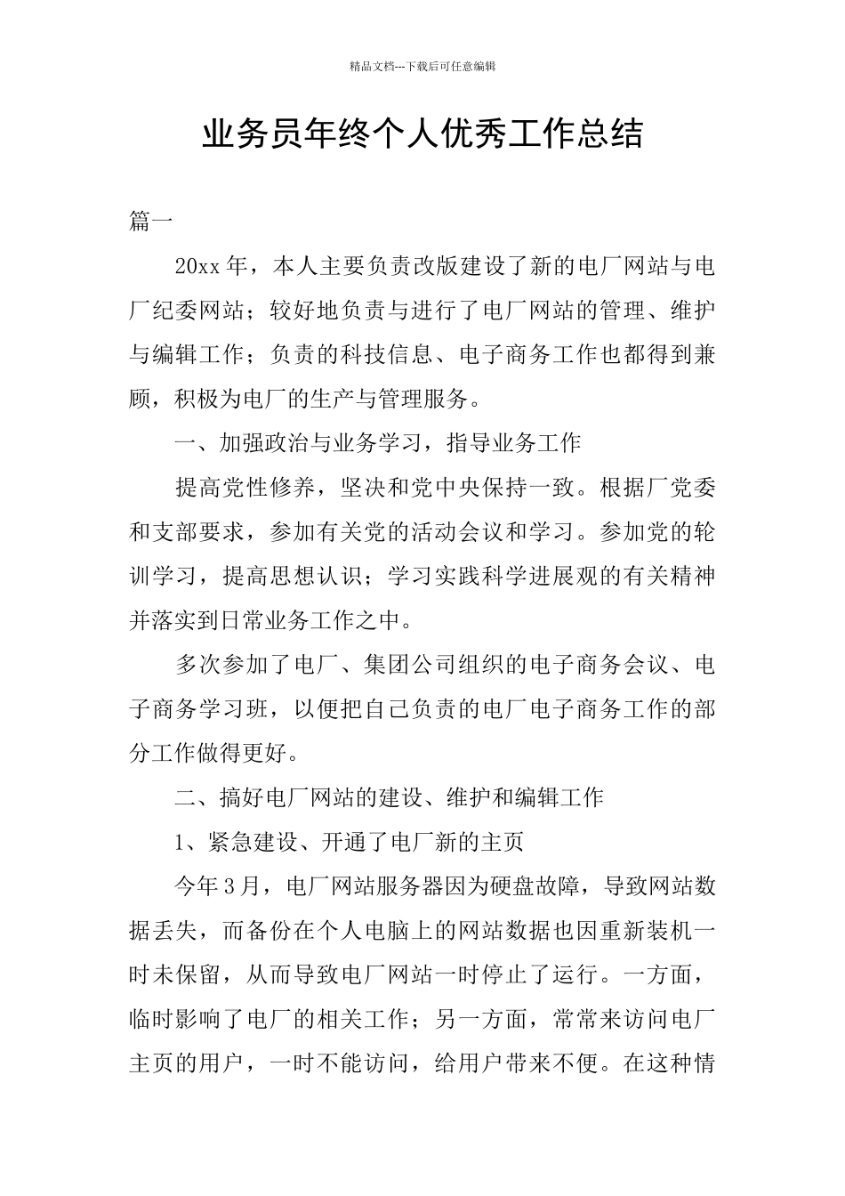 业务员年终个人优秀工作总结_第1页